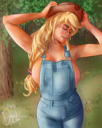 Size: 1024x1280 | Tagged: suggestive, artist:xxdarickxx, derpibooru import, applejack, human, armpits, big breasts, braless, breasts, busty applejack, cleavage, clothes, eyes closed, female, forest, hat, huge breasts, humanized, image, jpeg, naked overalls, no underwear, overalls, signature, solo, solo female, tree