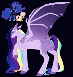 Size: 946x1000 | Tagged: safe, artist:purplegrim40, derpibooru import, fluttershy, nightmare moon, oc, alicorn, bat pony, pegasus, pony, bat pony oc, bat wings, black background, colored hooves, ethereal mane, female, hoof shoes, image, magical lesbian spawn, mare, offspring, parent:fluttershy, parent:nightmare moon, png, raised hoof, simple background, starry mane, wings