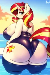 Size: 768x1152 | Tagged: suggestive, derpibooru import, machine learning generated, novelai, stable diffusion, sunset shimmer, anthro, unicorn, ass, blushing, breasts, bunset shimmer, busty sunset shimmer, butt, chubby cheeks, clothes, dock, extra thicc, fat, female, food, huge butt, image, large butt, latex, lingerie, looking at you, looking back, looking back at you, obese, panties, png, rear view, sexy, shiny, socks, solo, solo female, tail, the ass was fat, underwear