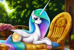 Size: 1920x1280 | Tagged: safe, derpibooru import, editor:dovakkins, machine learning generated, prompter:dovakkins, stable diffusion, princess celestia, alicorn, pony, balcony, beautiful, cheeks, cute, derpibooru exclusive, female, forest, forest background, image, looking at you, lounge, lying down, missing accessory, png, prone, smiling, smiling at you, solo, sparkly mane, sparkly tail, tail, tree, wings