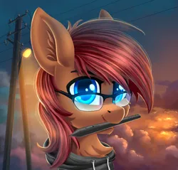 Size: 2977x2841 | Tagged: safe, artist:atlas-66, derpibooru import, oc, unofficial characters only, pony, clothes, cloud, glasses, hoodie, image, mouth hold, png, smiling, solo, stylus, telephone pole