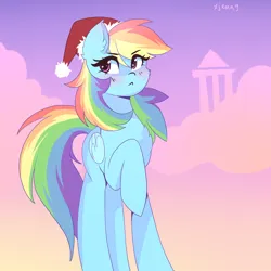 Size: 3000x3000 | Tagged: safe, artist:xjenn9, derpibooru import, rainbow dash, pegasus, pony, :<, blushing, christmas, commission, folded wings, hat, holiday, image, long legs, one hoof raised, png, raised hoof, santa hat, solo, wings, ych example, your character here