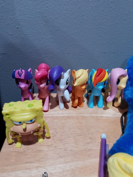 Size: 3120x4160 | Tagged: safe, derpibooru import, applejack, fluttershy, pinkie pie, rainbow dash, rarity, twilight sparkle, twilight sparkle (alicorn), alicorn, earth pony, pegasus, unicorn, huggy wuggy, image, irl, jpeg, mane six, mechanical pencil, merchandise, photo, spongebob squarepants, spongebob squarepants (character), spongegar