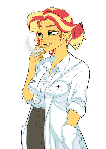Size: 1336x1876 | Tagged: safe, derpibooru import, sunset shimmer, equestria girls, cigarette, clothes, ear piercing, earring, hair bun, image, jewelry, lab coat, messy hair, older, older sunset, pants, piercing, png, shirt, smoking, solo, tired