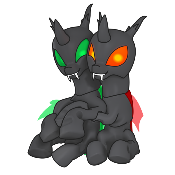 Size: 4000x4000 | Tagged: safe, artist:rumstone, artist:shifttgc, derpibooru import, oc, oc:rumstone, oc:shift changeling, unofficial characters only, changeling, derpibooru community collaboration, 2023 community collab, changeling ears, changeling oc, collaboration, derpibooru exclusive, fangs, green changeling, green eyes, happy, high res, horn, hug, image, krita, male, png, red changeling, red eyes, simple background, sitting, smiling, teeth, transparent background, wings