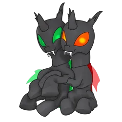 Size: 4000x4000 | Tagged: safe, artist:rumstone, artist:shifttgc, derpibooru import, oc, oc:rumstone, oc:shift changeling, unofficial characters only, changeling, derpibooru community collaboration, 2023 community collab, changeling ears, changeling oc, collaboration, derpibooru exclusive, fangs, green changeling, green eyes, happy, high res, horn, hug, image, krita, male, png, red changeling, red eyes, simple background, sitting, smiling, teeth, transparent background, wings