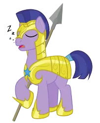 Size: 1361x1680 | Tagged: safe, artist:nitei, derpibooru import, earth pony, pony, armor, asleep on the job, eyes closed, image, lazy, male, onomatopoeia, open mouth, png, royal guard, royal guard armor, show accurate, simple background, sleeping, sleeping while standing, solo, sound effects, spear, stallion, standing, transparent background, weapon, zzz