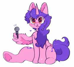 Size: 1967x1791 | Tagged: safe, artist:spookyfoxinc, derpibooru import, oc, alicorn, pony, alicorn oc, heart, heart eyes, horn, image, jpeg, microphone, pink, simple background, solo, wing hands, wingding eyes, wings
