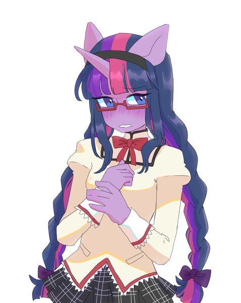 Size: 2385x3000 | Tagged: safe, artist:exxi00, derpibooru import, twilight sparkle, anthro, unicorn, blushing, bow, braid, braided pigtails, clothes, cosplay, costume, cute, embarrassed, glasses, hair bow, hairband, homura akemi, image, jpeg, looking at you, magical girl, meganekko, neck bow, pigtails, puella magi madoka magica, school uniform, schoolgirl, shirt, skirt, smiling, solo, twiabetes, twintails