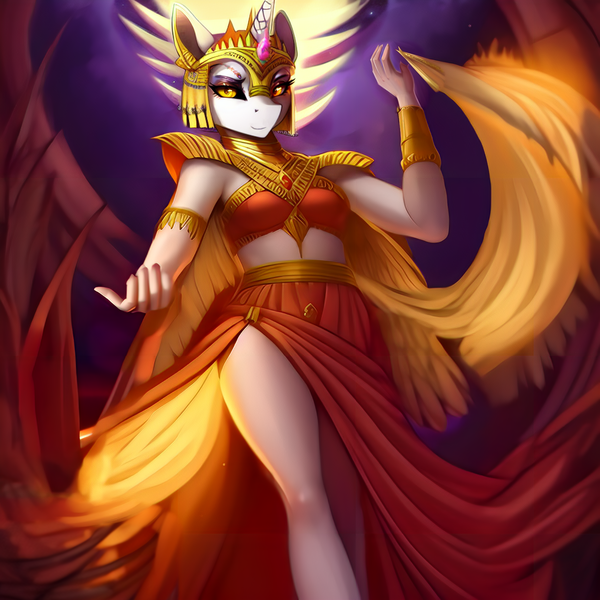 Size: 1673x1673 | Tagged: safe, derpibooru import, editor:mr-bat, machine learning generated, stable diffusion, daybreaker, alicorn, anthro, unguligrade anthro, arms in the air, background, breasts, clothes, egyptian, egyptian headdress, fingers, fire, fishnets, gem, hand, image, jewelry, legs, looking at you, low angle, mane of fire, png, pony ears, smiling, smiling at you, tattoo, wings, wings down