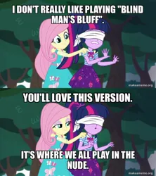 Size: 800x900 | Tagged: suggestive, derpibooru import, edit, edited screencap, screencap, fluttershy, sci-twi, twilight sparkle, equestria girls, equestria girls series, stressed in show, blindfold, caption, image, image macro, jpeg, text