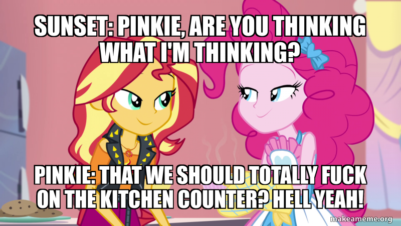 Size: 800x450 | Tagged: questionable, derpibooru import, edit, edited screencap, screencap, pinkie pie, sunset shimmer, equestria girls, equestria girls series, holidays unwrapped, spoiler:eqg series (season 2), caption, image, image macro, png, saving pinkie's pie, text