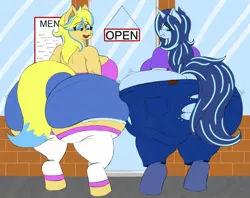 Size: 1434x1134 | Tagged: suggestive, artist:thewindking, derpibooru import, oc, oc:skye dascher, oc:urban wave, unofficial characters only, anthro, earth pony, unicorn, bbw, bottom heavy, butt, butt expansion, chubby, clothes, extra thicc, fat, growth, hip expansion, huge butt, hyper, hyper butt, hyper pear, image, impossibly large butt, impossibly wide ass, impossibly wide hips, impossibly wide thighs, jpeg, large butt, pear shaped, plump, socks, the ass was fat, the ass was too fat, thicc thighs, thick, thigh highs, wardrobe malfunction, weight gain, wide hips, wide load