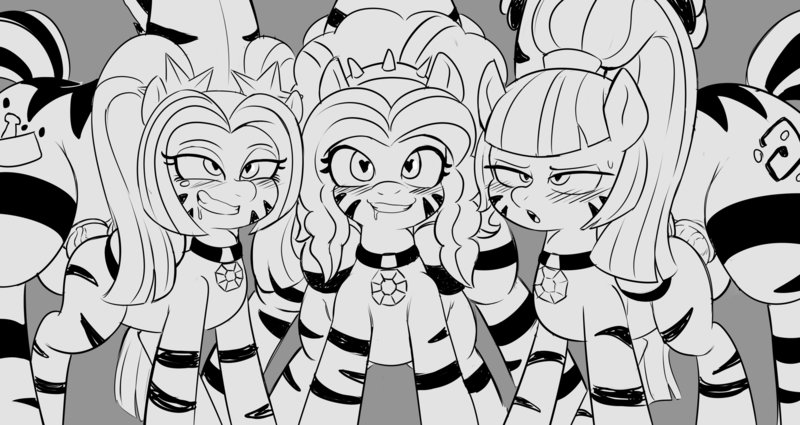 Size: 3300x1752 | Tagged: explicit, artist:spakka5, derpibooru import, adagio dazzle, aria blaze, sonata dusk, oc, ponified, zebra, /trash/, 4chan, blushing, bodypaint, collar, equestria girls ponified, grayscale, group sex, heart, heart eyes, image, monochrome, mounting, penetration, png, ponytail, sex, the dazzlings, wingding eyes, wip, zebra oc, zebra supremacy, zebradom