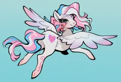Size: 2378x1619 | Tagged: safe, artist:glacierclear, derpibooru import, star catcher, pegasus, pony, blue background, butt, flying, image, lidded eyes, looking at you, looking back, looking back at you, plot, png, simple background, smiling, solo, spread wings, underhoof, wings