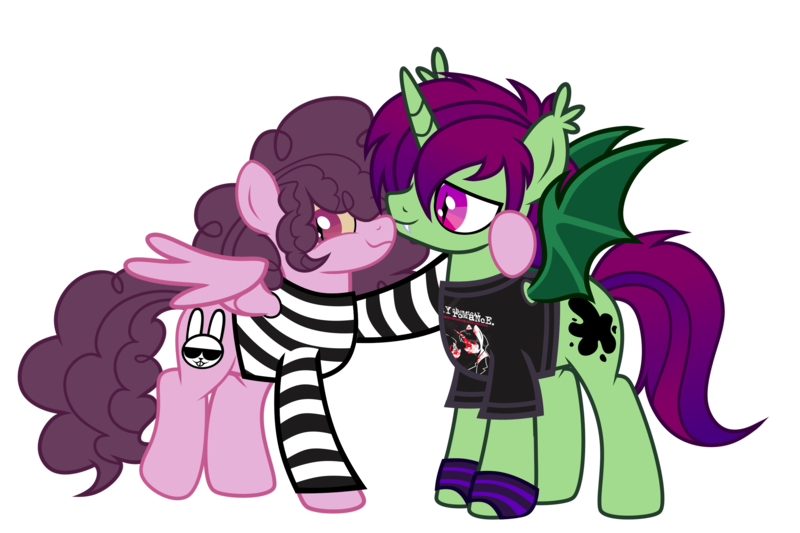Size: 3000x2000 | Tagged: safe, derpibooru import, oc, oc:midnight ray, oc:stripe, unofficial characters only, bat pony, bat pony unicorn, hybrid, pegasus, pony, unicorn, bat wings, clothes, couple, curly hair, disguise, disguised siren, emo, fangs, full body, gay, gay couple, gloves, horn, image, male, males only, my chemical romance, png, shirt, simple background, smiling, t-shirt, transparent background, wings, yellow eyes