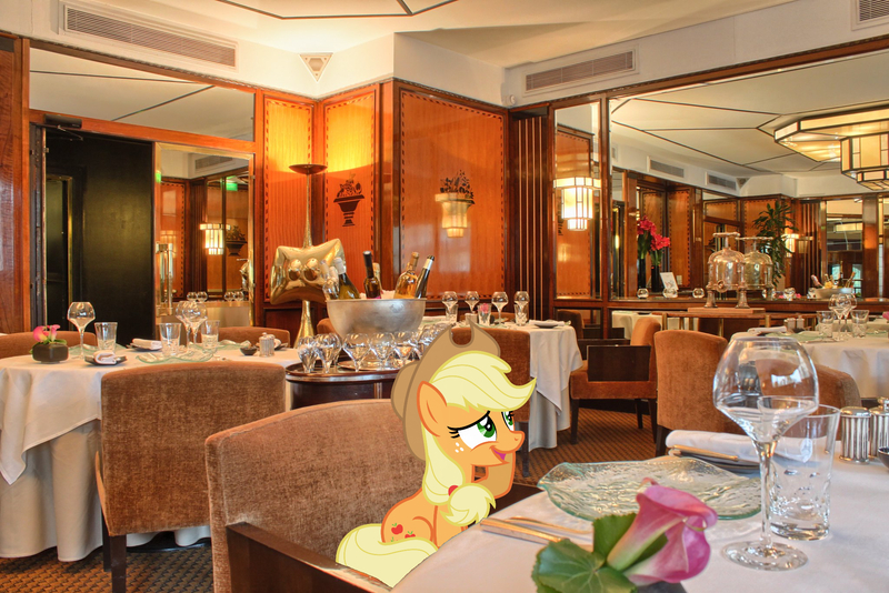 Size: 2048x1367 | Tagged: safe, artist:estories, derpibooru import, applejack, earth pony, pony, chair, cowboy hat, female, france, hat, image, irl, jpeg, mare, open mouth, paris, photo, ponies in real life, restaurant, sitting, smiling, solo, stetson