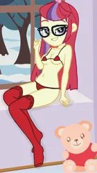 Size: 1750x3117 | Tagged: suggestive, artist:missmoonlightangel, artist:sarahthefox97, derpibooru import, moondancer, human, equestria girls, base used, bedroom eyes, clothes, equestria girls-ified, erect nipples, female, high res, image, jpeg, long socks, nipple outline, plushie, red socks, red underwear, socks, solo, solo female, teddy bear, tree, underwear, waving at you, window