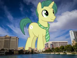 Size: 1024x768 | Tagged: safe, artist:jaredking779, artist:starryshineviolet, derpibooru import, dandy dispatch, pony, unicorn, background pony, giant pony, highrise ponies, image, irl, jpeg, las vegas, macro, male, necktie, nevada, photo, ponies in real life, smiling, solo, stallion, story included