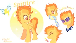 Size: 3200x1800 | Tagged: safe, artist:starfallmoonlight, derpibooru import, spitfire, pegasus, pony, clothes, cute, cutefire, female, folded wings, image, looking at you, mare, png, scarf, simple background, smiling, sunglasses, uniform, white background, wings, wonderbolts dress uniform, wonderbolts logo
