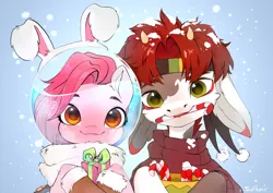 Size: 3508x2480 | Tagged: safe, artist:sofiko-ko, derpibooru import, oc, oc:grom, oc:koraru koi, unofficial characters only, merpony, pony, bunny ears, candy, candy cane, duo, fishbowl, food, freckles, hoof hold, image, jpeg, looking at you, mouth hold, present, smiling, smiling at you, snow, snowfall