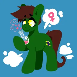 Size: 1610x1602 | Tagged: safe, artist:myahster, derpibooru import, oc, unofficial characters only, earth pony, blue background, commission, freckles, image, png, potion, rule 63, simple background, solo, transformation, transgender transformation