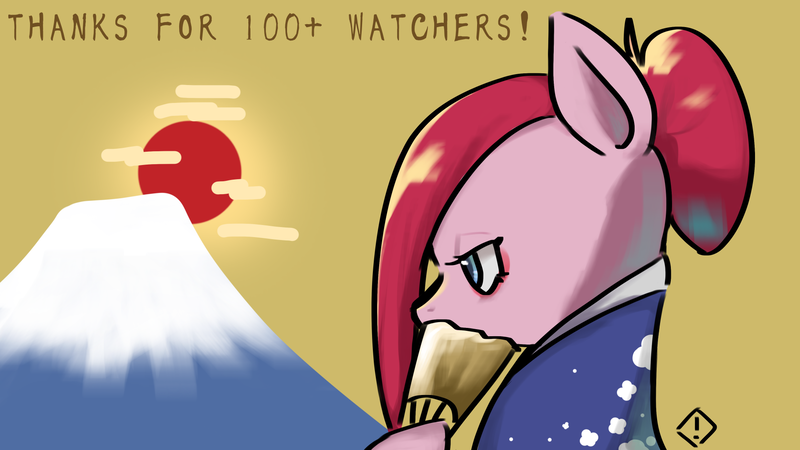 Size: 1920x1080 | Tagged: safe, artist:metaruscarlet, derpibooru import, pinkie pie, earth pony, pony, clothes, cloud, image, japan, japanese, kimono (clothing), moon runes, mountain, pinkamena diane pie, png, solo, sun