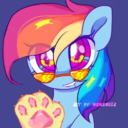 Size: 1280x1280 | Tagged: safe, artist:memengla, derpibooru import, rainbow dash, pegasus, pony, bust, female, gem, image, looking at you, paws, png, simple background, solo, sunglasses, watermark