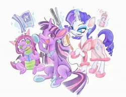 Size: 1683x1292 | Tagged: safe, artist:_night_milk_, derpibooru import, rarity, spike, twilight sparkle, dragon, pony, unicorn, bathrobe, book, brush, clothes, dragon costume, female, hair curlers, hairspray, image, jpeg, levitation, magic, male, mare, robe, see-through, simple background, slippers, telekinesis, trio, unicorn twilight, white background