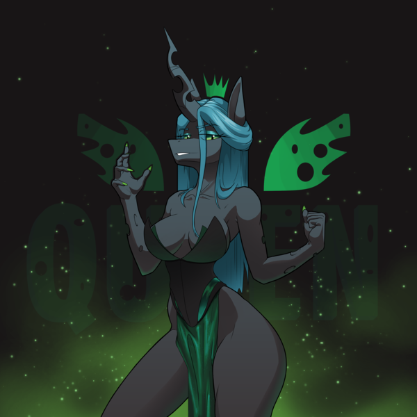 Size: 3000x3000 | Tagged: suggestive, artist:kirasunnight, derpibooru import, queen chrysalis, anthro, changeling, changeling queen, breasts, busty queen chrysalis, eye clipping through hair, female, floating wings, high res, image, png, solo, solo female, wings