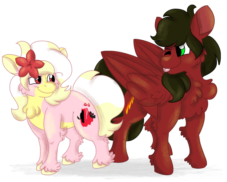 Size: 2500x2000 | Tagged: safe, artist:euspuche, derpibooru import, oc, oc:carmen garcía, oc:cloud rider, unofficial characters only, earth pony, pegasus, pony, derpibooru community collaboration, 2023 community collab, caroud, couple, duo, duo male and female, earth pony oc, eye contact, female, flower, flower in hair, folded wings, high res, image, looking at each other, looking at someone, male, mare, one eye closed, pegasus oc, png, simple background, size difference, smiling, smiling at each other, stallion, tongue out, transparent background, wings, wink