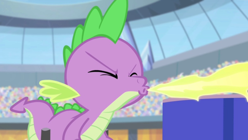 Size: 3787x2141 | Tagged: safe, derpibooru import, edit, edited screencap, screencap, spike, equestria games (episode), eyes closed, fire, fire breath, image, jpeg, solo, torch