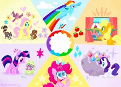 Size: 2308x1663 | Tagged: safe, artist:raystarkitty, derpibooru import, applejack, fluttershy, pinkie pie, rainbow dash, rarity, spike, twilight sparkle, bird, butterfly, earth pony, insect, pegasus, pony, raccoon, squirrel, unicorn, the cutie mark chronicles, baby, baby spike, egg, female, filly, filly applejack, filly fluttershy, filly mane six, filly pinkie pie, filly rainbow dash, filly rarity, filly twilight sparkle, geode, image, jpeg, mane seven, mane six, open mouth, open smile, smiling, sonic rainboom, spike's egg, younger