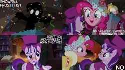 Size: 2000x1125 | Tagged: safe, derpibooru import, edit, edited screencap, editor:quoterific, screencap, pinkie pie, snowfall frost, spirit of hearth's warming presents, starlight glimmer, a hearth's warming tail, image, png