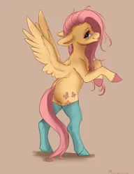 Size: 2312x3012 | Tagged: safe, artist:miokomata, derpibooru import, fluttershy, pegasus, pony, beige background, bipedal, blushing, clothes, colored hooves, cute, female, floppy ears, freckles, freckleshy, high res, image, looking at you, mare, png, shyabetes, silly, simple background, smiling, smiling at you, socks, solo, spread wings, tongue out, wings