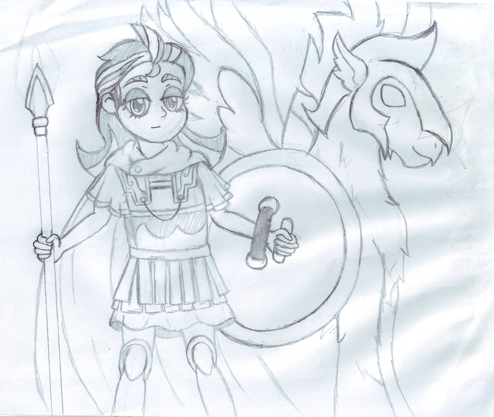 Size: 3000x2536 | Tagged: safe, artist:pokecure123, derpibooru import, zephyr, classical hippogriff, hippogriff, equestria girls, ancient greece, armor, background human, cape, clothes, hoplite, image, png, shield, spear, traditional art, weapon