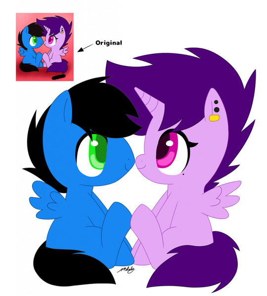 Size: 1151x1280 | Tagged: safe, artist:melodytheartpony, derpibooru import, oc, oc:violet scratch, alicorn, pegasus, 2014, base used, chibi, cutiemarkless, female, feral, happy, image, in love, jpeg, looking at each other, looking at someone, male, missing cutie mark, old art, piercing, re-lined, signature, simple background, sitting, smiling, spread wings, white background, wings