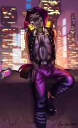 Size: 1852x3000 | Tagged: suggestive, artist:jedayskayvoker, derpibooru import, oc, oc:aleister, anthro, blaze (coat marking), blurry background, clothes, coat markings, colored sketch, cute, cyberpunk, facial hair, facial markings, goatee, image, latex, latex suit, male, night city, png, punk, shiny, short tail, sketch, solo, tail, thick eyebrows, trousers