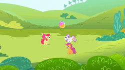 Size: 1920x1080 | Tagged: safe, derpibooru import, screencap, apple bloom, scootaloo, sweetie belle, earth pony, pegasus, pony, unicorn, lesson zero, :p, animated, apple bloom's bow, ball, blank flank, bow, cute, cutie mark crusaders, derp, female, filly, foal, hair bow, horn, image, jumping, laughing, playing, spread wings, tongue out, webm, wings