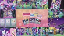 Size: 1280x721 | Tagged: safe, derpibooru import, editor:quoterific, apple bloom, applejack, discord, fluttershy, pinkie pie, rainbow dash, rarity, scootaloo, sweetie belle, twilight sparkle, equestria girls, perfect day for fun, amusement park, bass guitar, belt, boots, clothes, cowboy boots, cowboy hat, cutie mark, cutie mark crusaders, drums, electric guitar, guitar, hat, high heel boots, image, jacket, jpeg, keyboard, microphone, musical instrument, phone, ponied up, shirt, shoes, skirt, socks, song, tambourine, vest