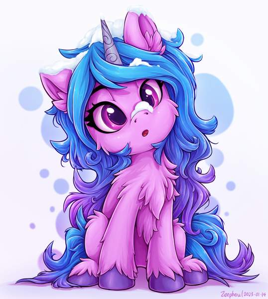 Size: 1567x1749 | Tagged: safe, artist:zeepheru_pone, derpibooru import, izzy moonbow, pony, unicorn, cheek fluff, chest fluff, cute, ear fluff, female, g5, horn, image, izzybetes, looking at you, mare, png, simple background, sitting, snow, solo, unshorn fetlocks