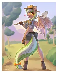 Size: 2540x3228 | Tagged: safe, artist:dandy, derpibooru import, oc, oc:sylvia evergreen, unofficial characters only, anthro, pegasus, unguligrade anthro, ;p, belt, belt buckle, boots, braid, braided pigtails, clothes, eye clipping through hair, female, forest, freckles, gloves, hair tie, hat, image, looking at you, looking back, looking back at you, one eye closed, pegasus oc, pigtails, png, ranger, shoes, short shirt, shorts, shovel, solo, tongue out, tree, uniform, wings, wink