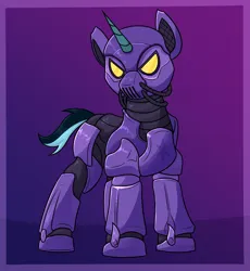 Size: 1348x1466 | Tagged: safe, artist:moonatik, derpibooru import, oc, oc:sol nightshade, unofficial characters only, pony, unicorn, abstract background, alternate timeline, armor, gas mask, helmet, horn, image, male, mask, new lunar millennium, nightmare takeover timeline, png, power armor, solo, stallion, unicorn oc
