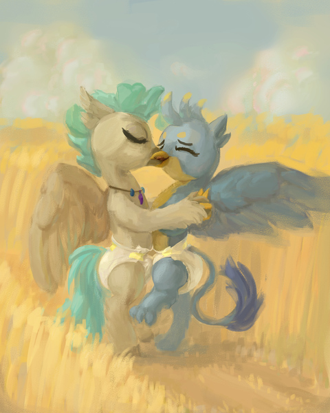 Size: 2048x2560 | Tagged: questionable, artist:asdfasfasda, derpibooru import, gallus, terramar, bipedal, diaper, diaper fetish, duo, fetish, field, gay, image, jpeg, kiss on the lips, kissing, making out, male, non-baby in diaper, outdoors