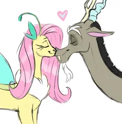 Size: 540x549 | Tagged: safe, artist:yubov, derpibooru import, discord, fluttershy, draconequus, discoshy, draconequified, female, heart, image, jpeg, kissing, male, nose kiss, shipping, simple background, species swap, straight, white background