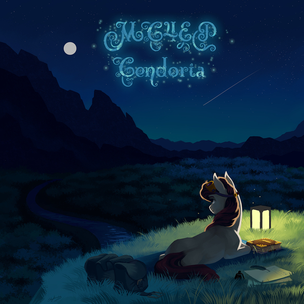 Size: 1500x1500 | Tagged: safe, alternate version, artist:skyaircobra, derpibooru import, oc, unofficial characters only, earth pony, pony, bag, book, female, forest, full moon, goggles, image, inkwell, jpeg, lantern, lying down, mare, moon, mountain, night, night sky, paper, prone, quill, river, saddle bag, scenery, shooting star, sky, solo, stars, text, thaumcraft, tree, water