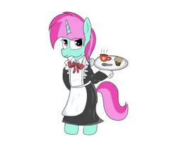 Size: 2000x1600 | Tagged: safe, artist:amateur-draw, derpibooru import, oc, oc:belle boue, unofficial characters only, pony, unicorn, bipedal, clothes, crossdressing, food, image, maid, male, muffin, png, simple background, solo, stallion, tea, white background