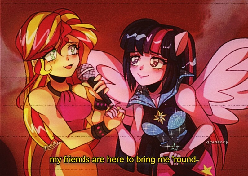 Size: 1061x753 | Tagged: safe, derpibooru import, sunset shimmer, twilight sparkle, twilight sparkle (alicorn), alicorn, equestria girls, rainbow rocks, 90s anime, anime style, holding hands, image, jpeg, microphone, ponied up, pony ears, redraw, scene interpretation, singing, subtitles, welcome to the show, wings