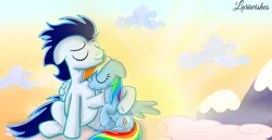 Size: 1980x1020 | Tagged: safe, artist:mlplary6, derpibooru import, rainbow dash, soarin', pegasus, pony, cloud, dawn, eyes closed, female, hug, image, male, mare, mountain, png, shipping, sitting, smiling, soarindash, stallion, straight, sun, sunrise