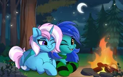 Size: 1720x1080 | Tagged: safe, artist:joaothejohn, derpibooru import, oc, oc:gentle heart, oc:melody, unofficial characters only, bat pony, pony, unicorn, bat pony oc, bat wings, campfire, clothes, collar, cute, fire, forest, horn, hug, image, lying down, moon, night, one eye closed, png, socks, tree, unicorn oc, wings, wink